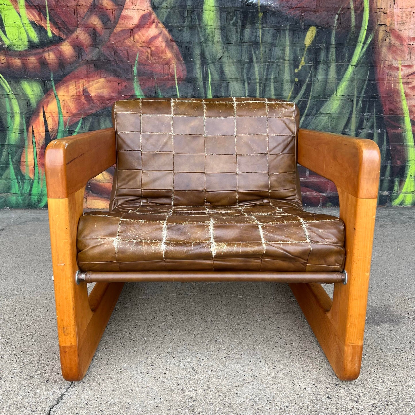 Brown Checkerboard Leather Arm Chair in the Style of Lou Hodges