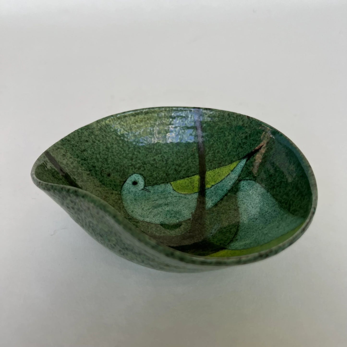 Beautifully Shaped Ceramic Dish With Bird Design Blue Green Teal Signed