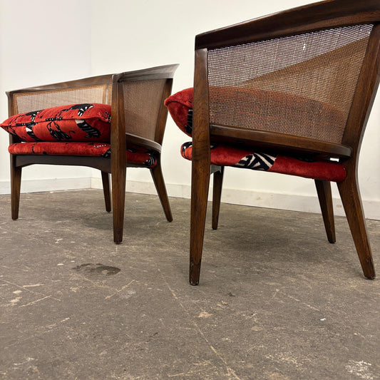Pair of Mid-Century Caned Back Barrel Club Chairs Attributed to Directional Zebra