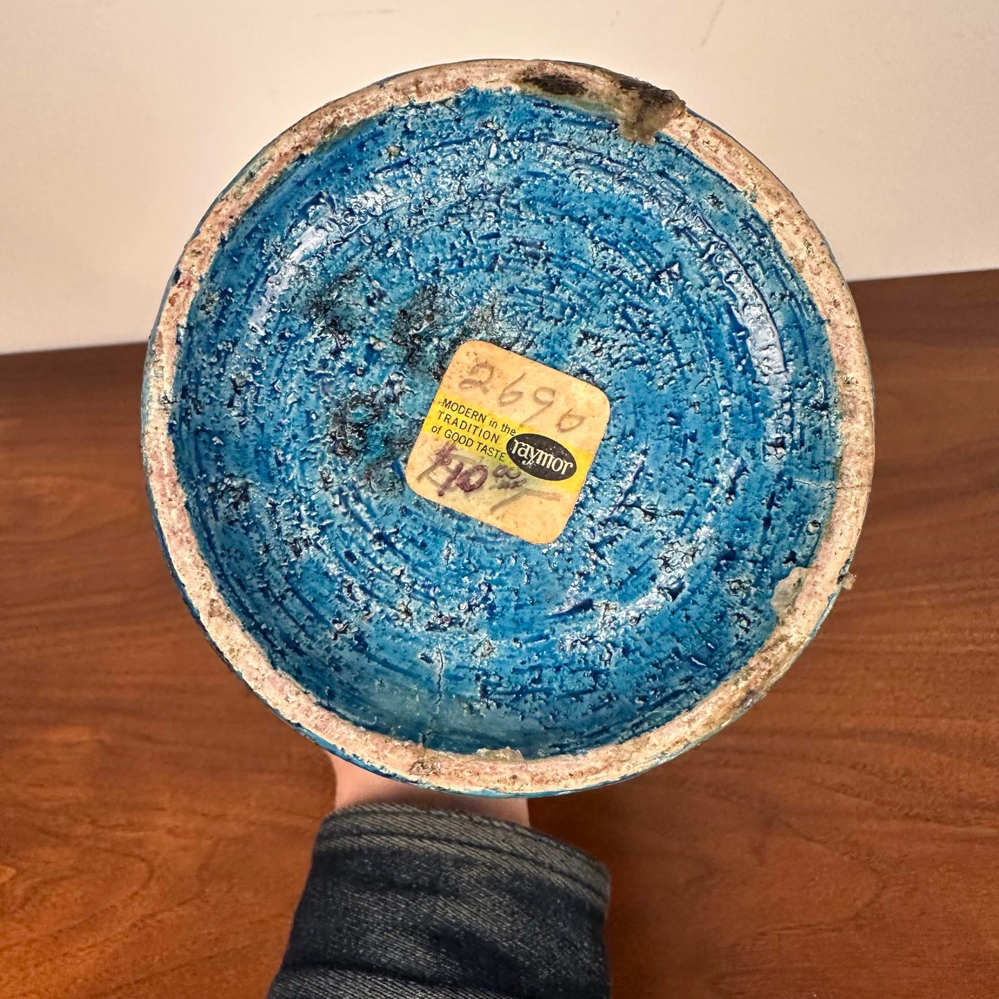 Mid Century Modern Italian Bitossi Rimini Blue Green Pottery Vase for Raymor