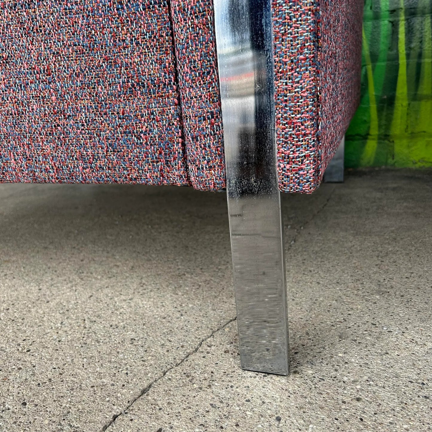 Pair of Chrome Cube Club Chairs Newly Upholstered in a Great Multi Color Texture Fabric