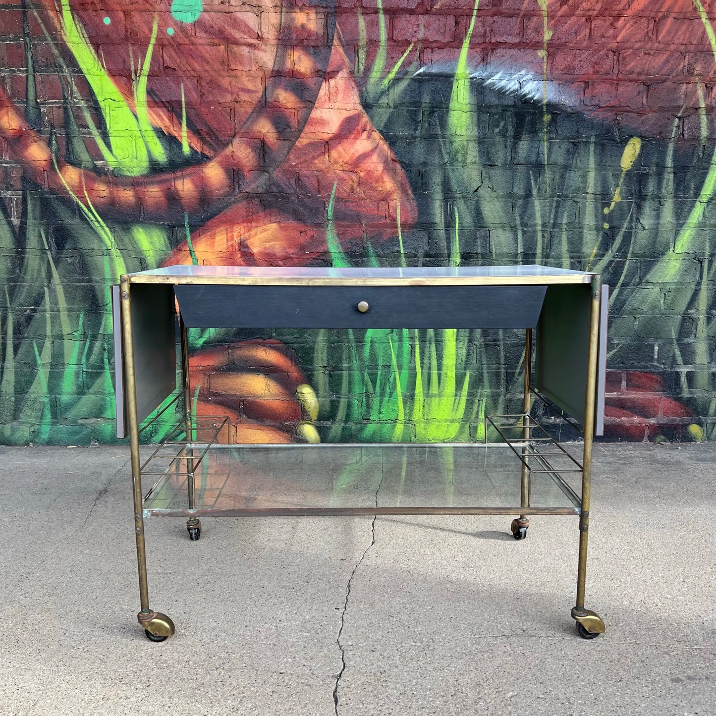Mid Century Modern Brass and Glass Bar Cart Possible Harvey Probber