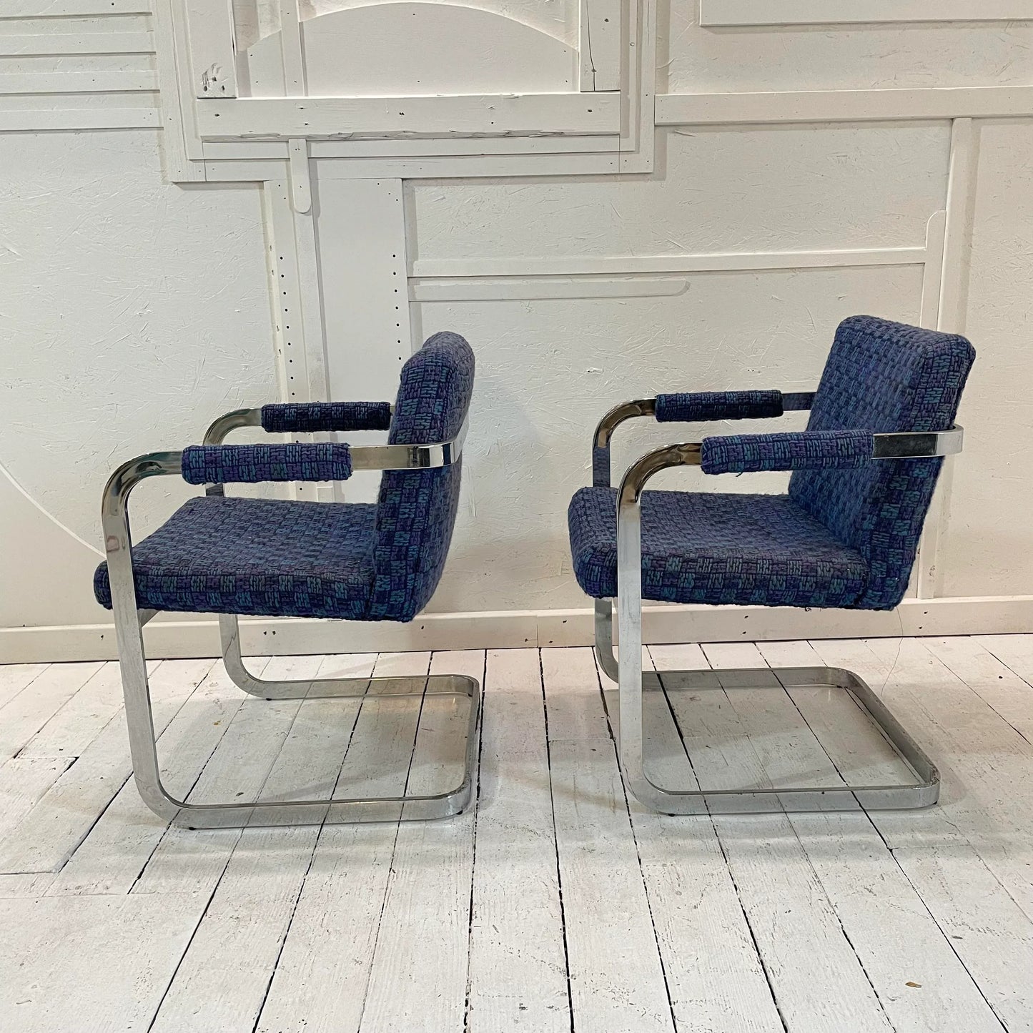 Mid 20th Century Milo Baughman Chrome and Blue Chairs - a Pair