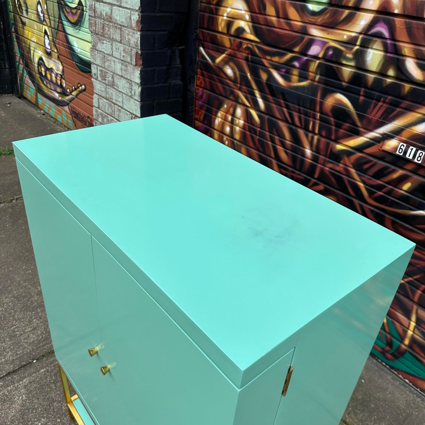 Tiffany-Blue Bar Cabinet With Gold and Mirrored Accents Anthropology