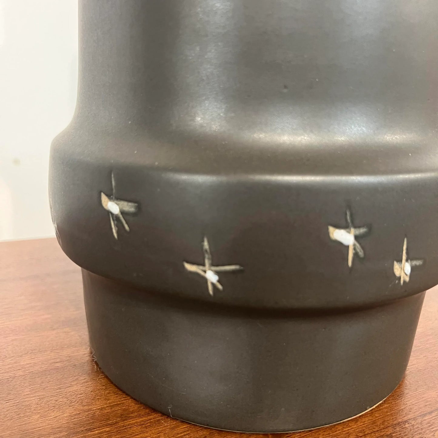 Large Martz Ceramic and Walnut Table Lamp Original Shade and Finial