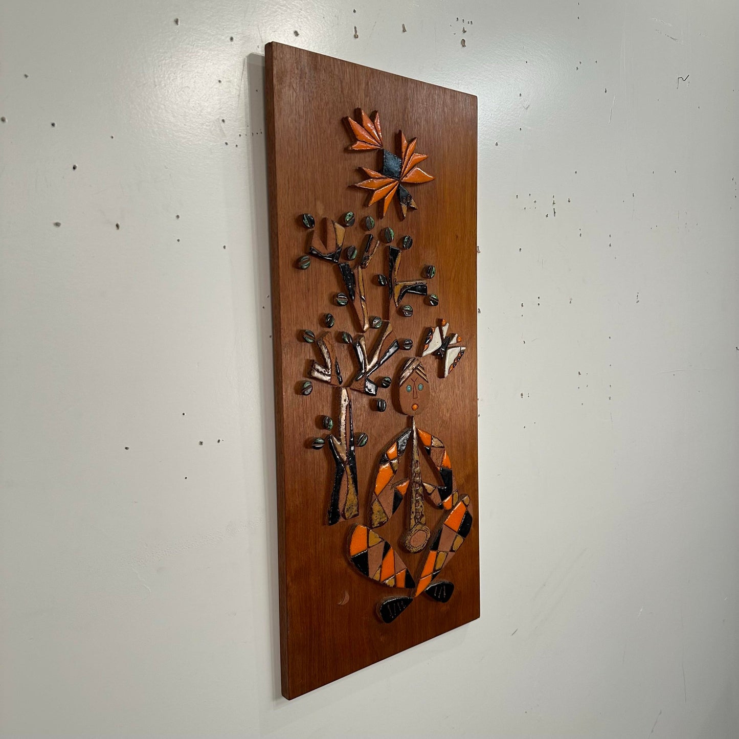 Mid Century Modern Ceramic Mosaic on Teak Wood La Luna