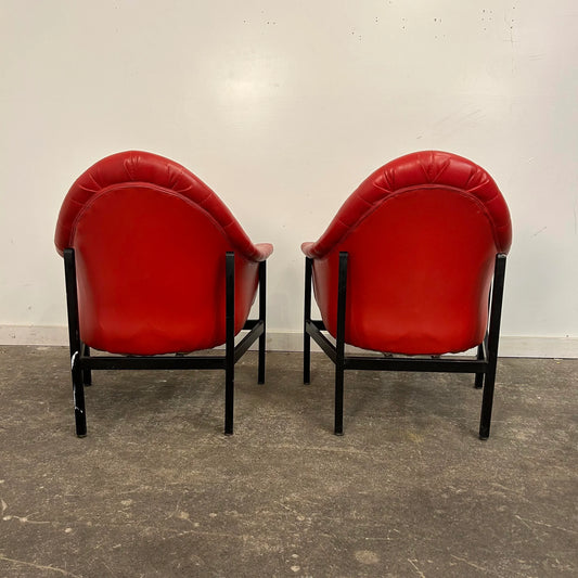 Red Vinyl Tufted Lounge Chairs Styled After Milo Baughman by Frank and Son