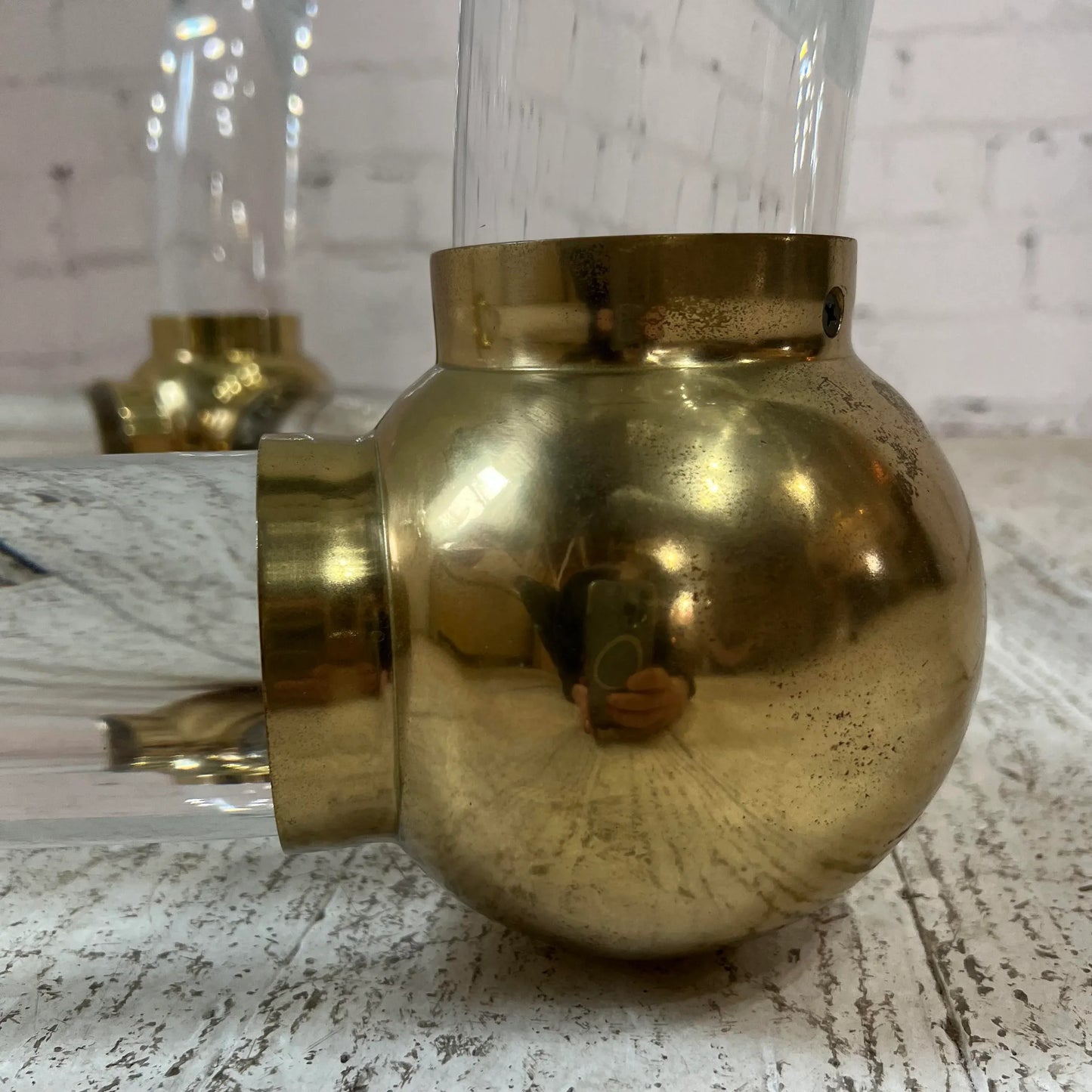 Karl Springer Style Post Modern Circular Glass Coffee Table Lucite and Brass