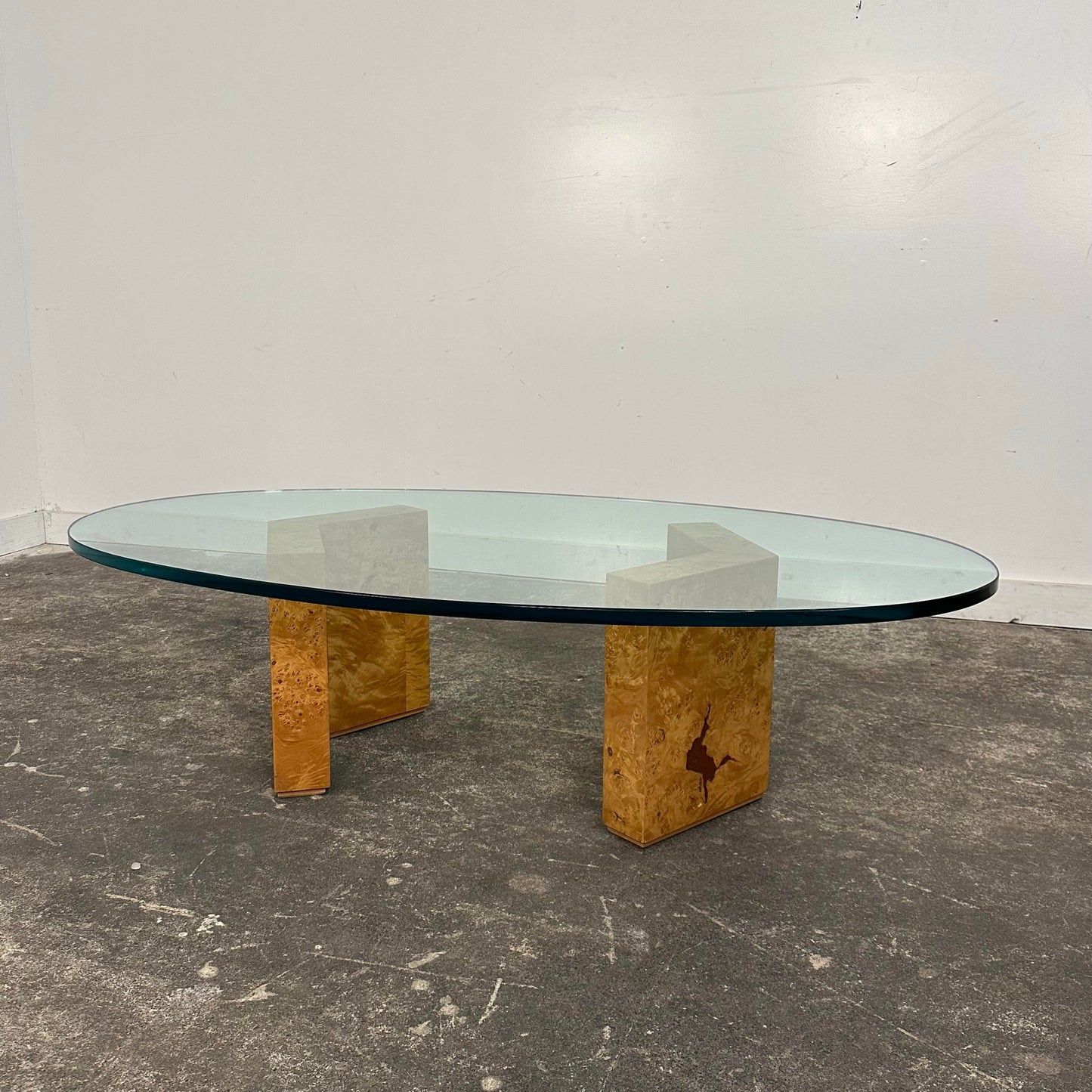 Baughman Style Burl Wood and Glass Oval Coffee Table