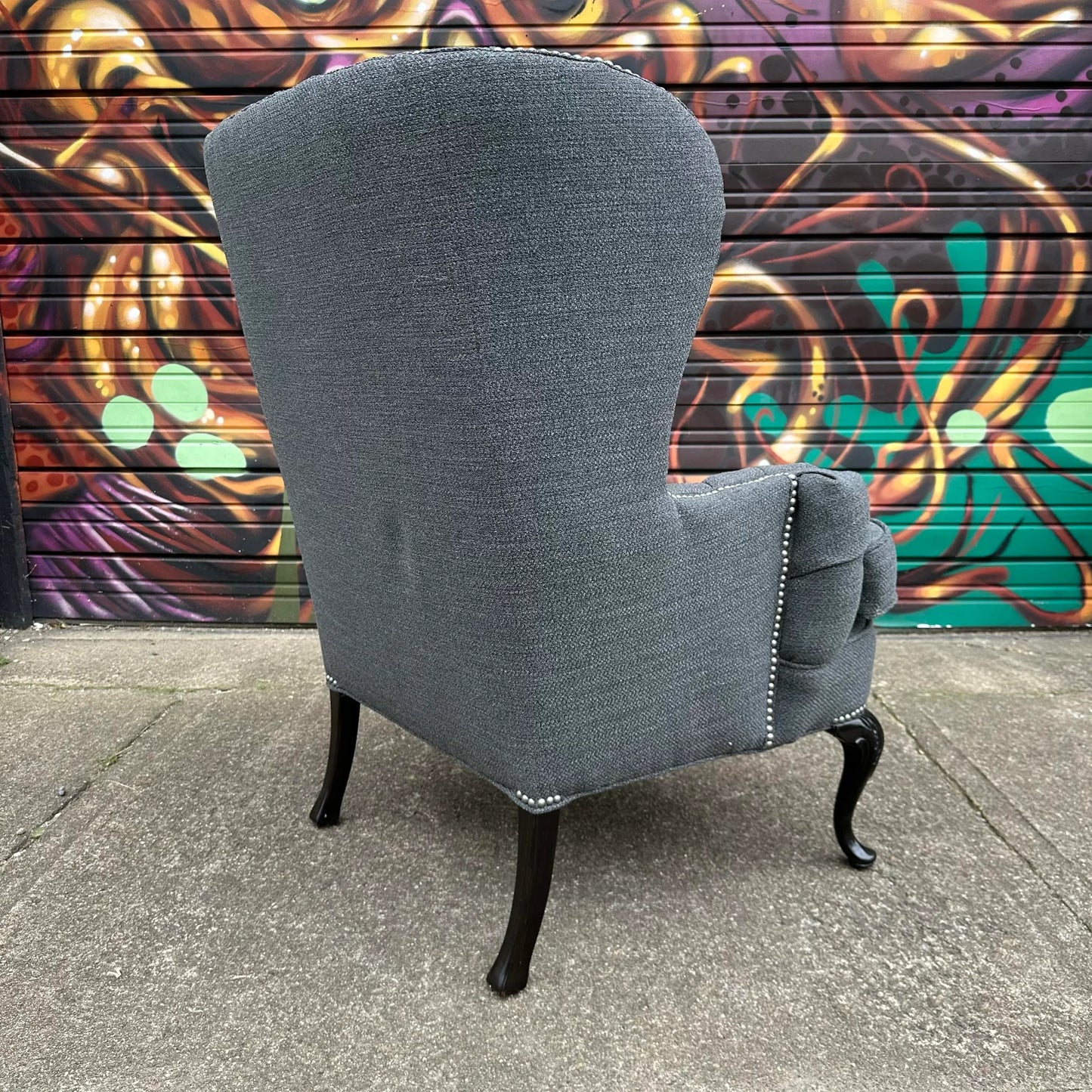 Antique Tufted Tall Winged Back Lounge Chair Reupholstered Nailhead Trim