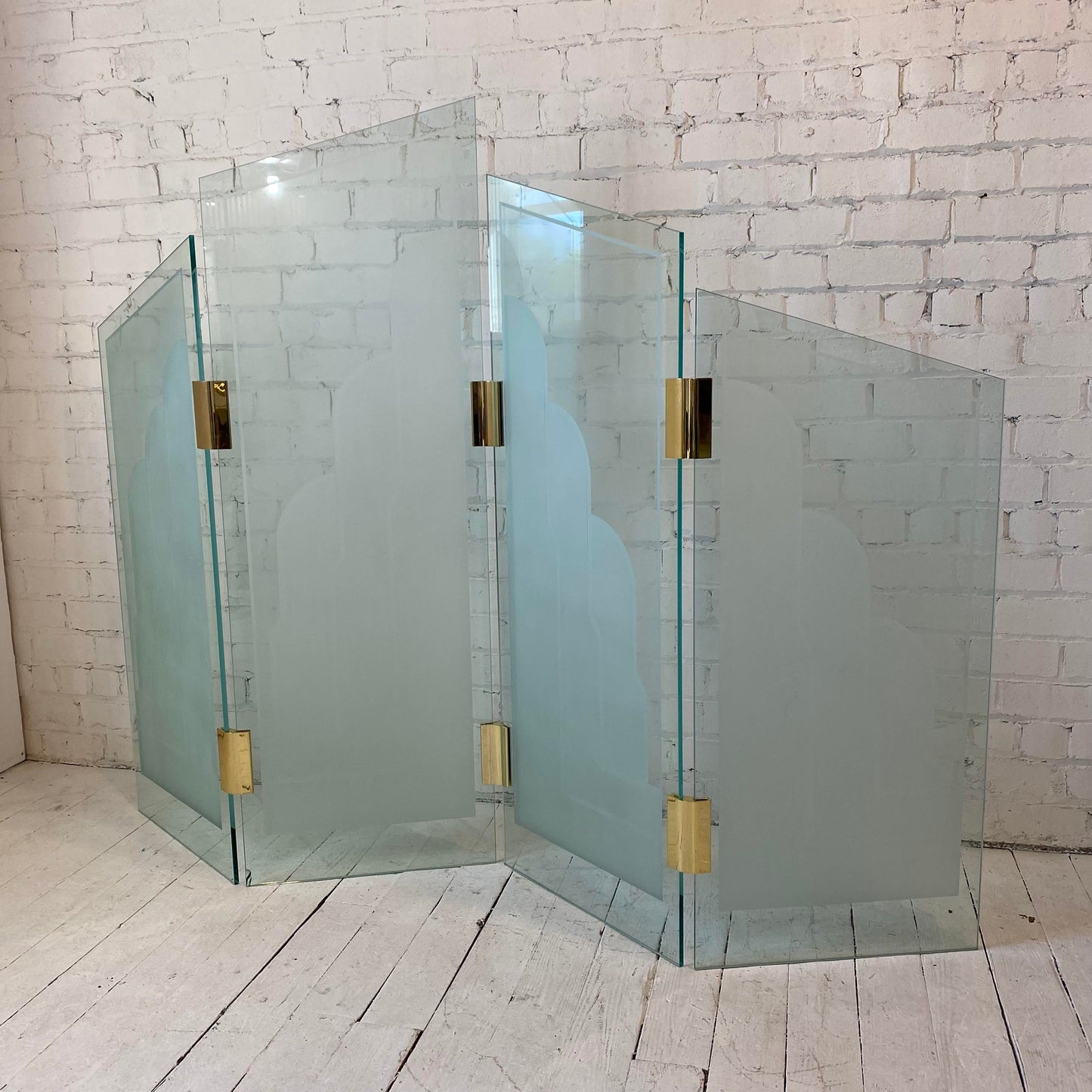 1970s Art Deco Style Glass Divider Sandblasted Glass With Brass Hardware