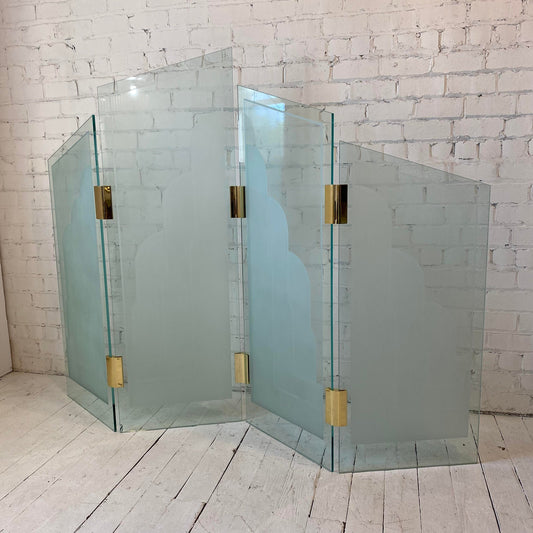 1970s Art Deco Style Glass Divider Sandblasted Glass With Brass Hardware