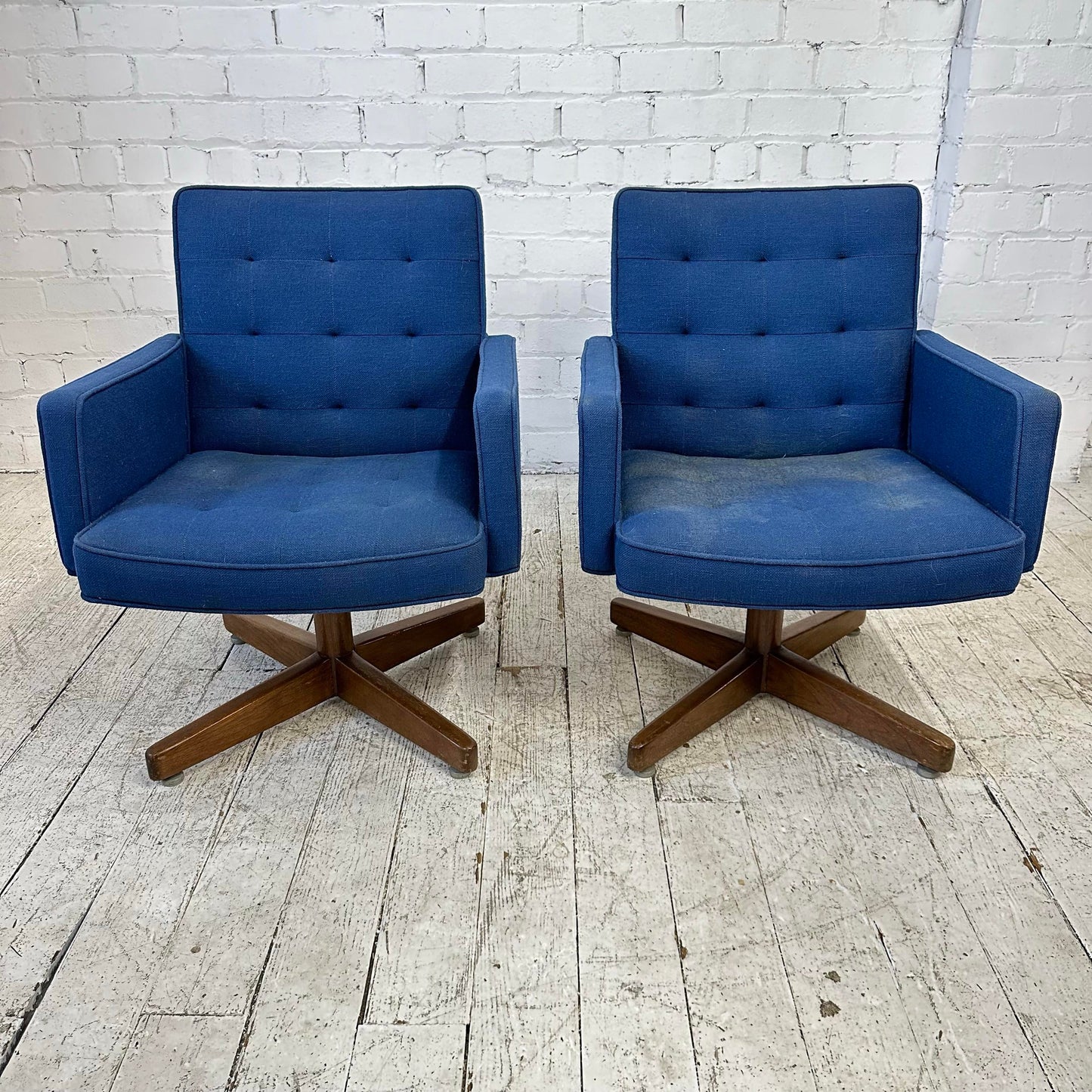 Pair of Blue Swivel Office Arm Chairs by Hibert Risom Knoll Style