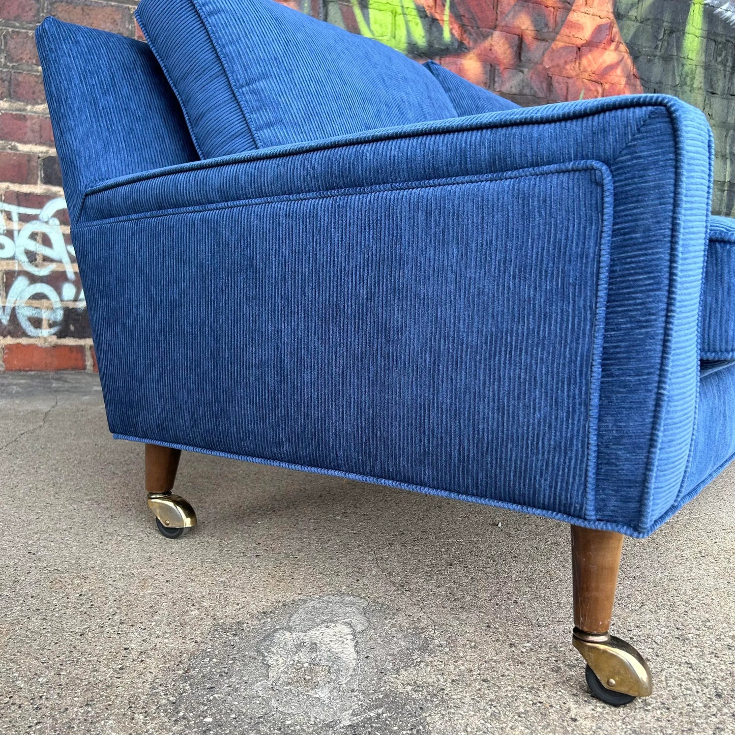 Mid Century Modern Sofa Reupholstered Blue Corduroy on Casters Possibly Selig