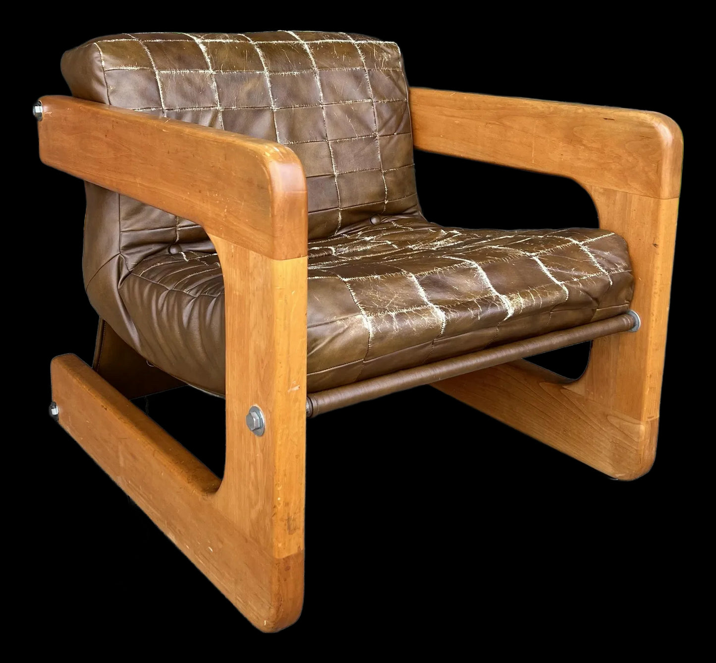Brown Checkerboard Leather Arm Chair in the Style of Lou Hodges