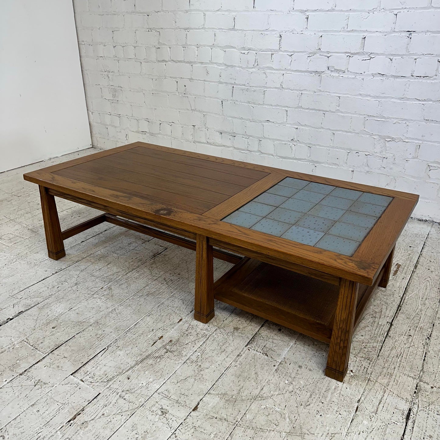 Ranch Oak Coffee Table Rectangle With Blue Tile Top