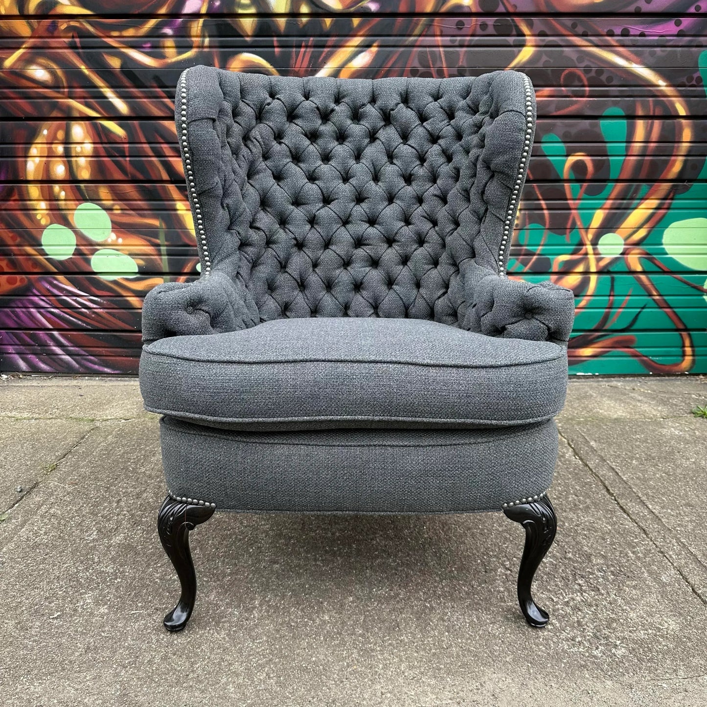 Antique Tufted Tall Winged Back Lounge Chair Reupholstered Nailhead Trim