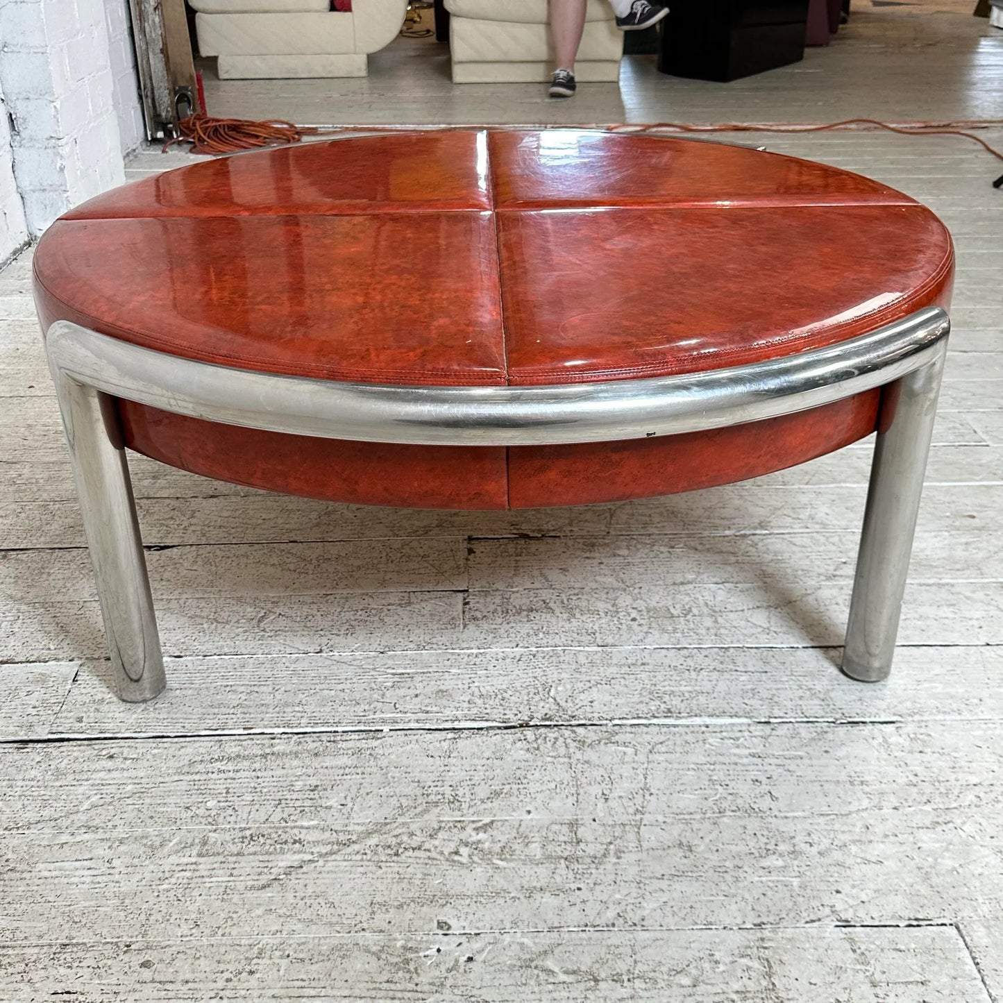 Large Circular Tubular Chrome Bench Ottoman Table Midcentury