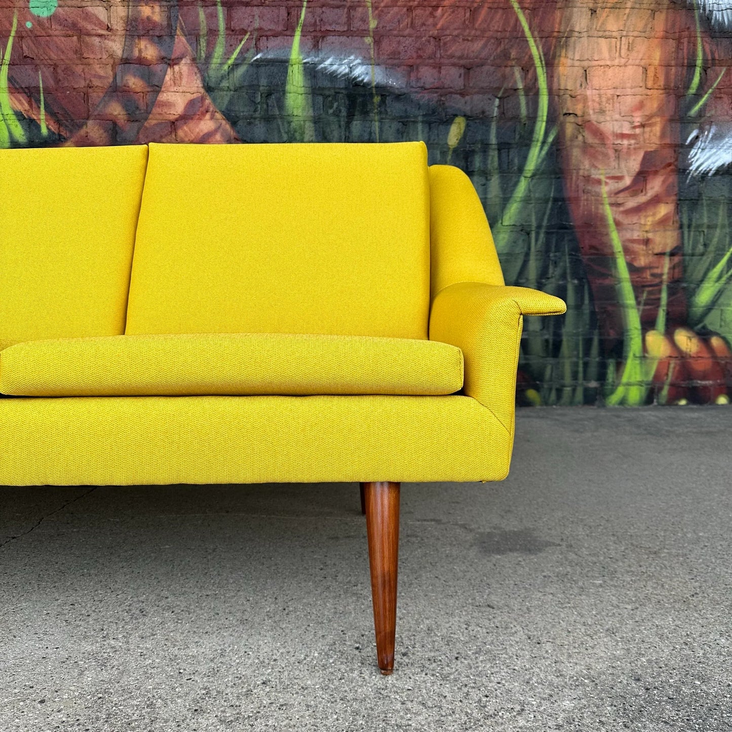 Reupholstered and Refinished Yellow Dux Sofa