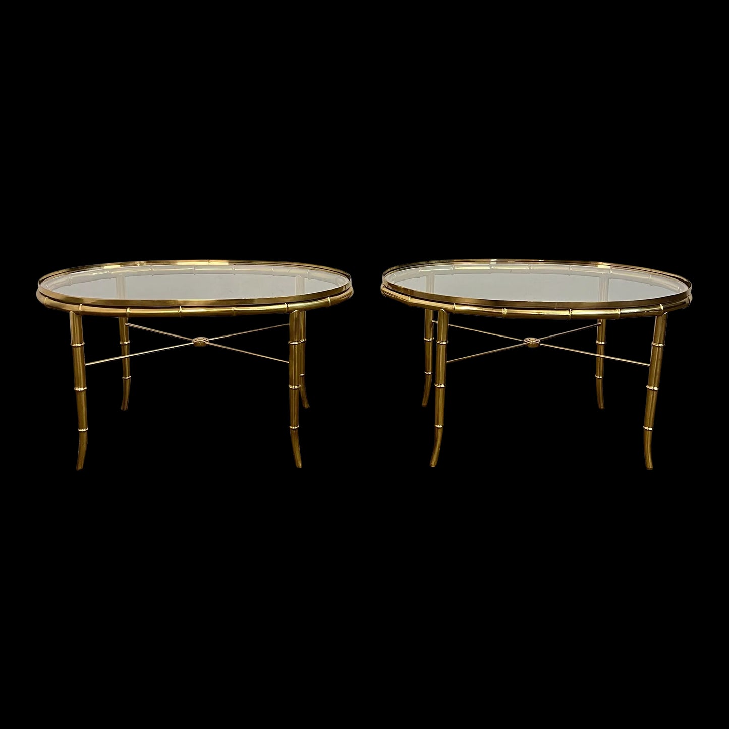 Pair of Faux Bamboo Brass Glass Oval Mastercraft End Tables