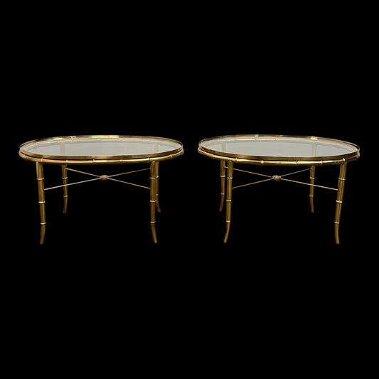Pair of Faux Bamboo Brass Glass Oval Mastercraft End Tables