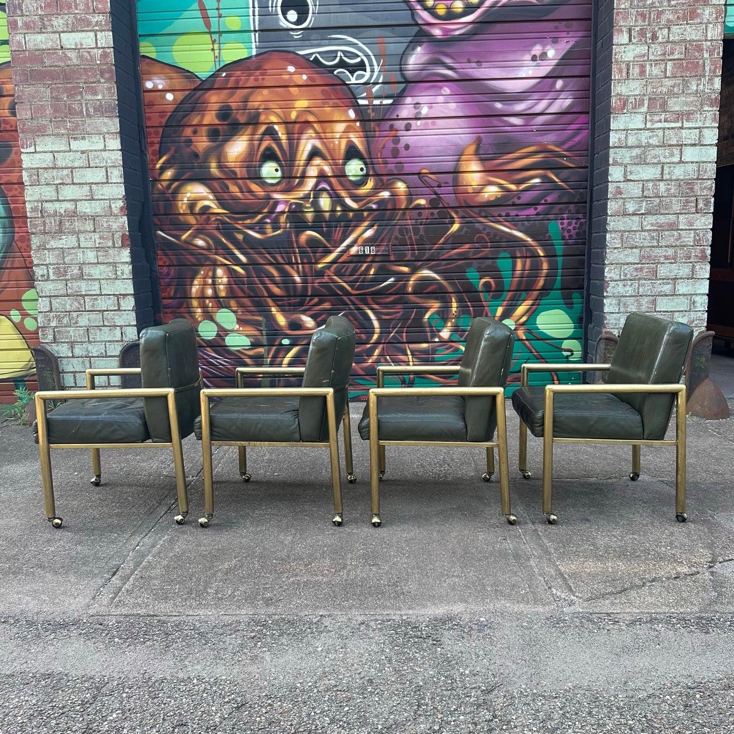 Set of 4 Tubular Brass and Leather Chairs on Wheels