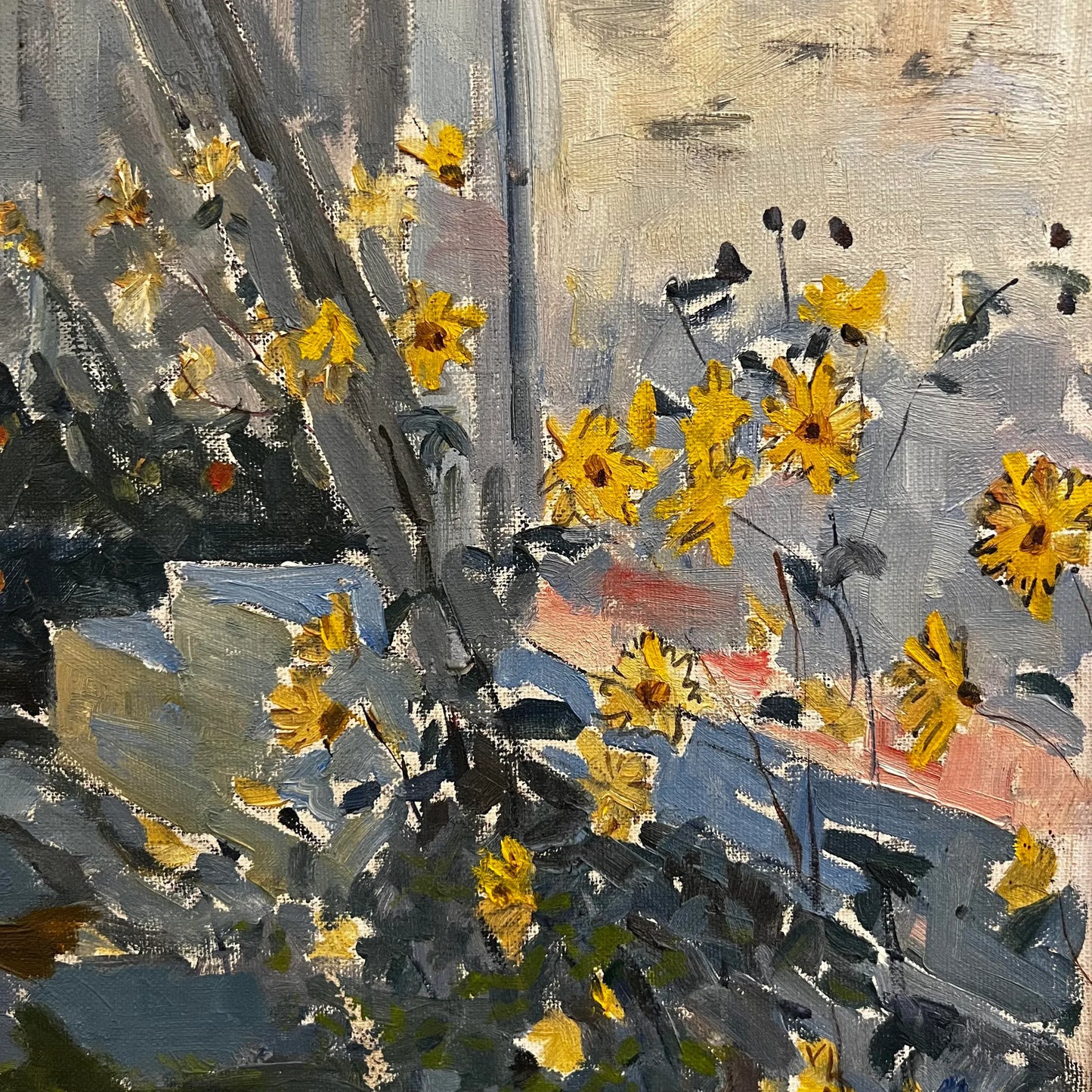 Mid Century Courtyard Oil Painting Husband and Wife