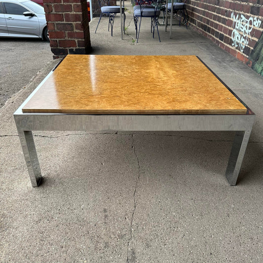 Milo Baughman for Thayer Coggin Olive Wood Burl and Chrome Coffee Table
