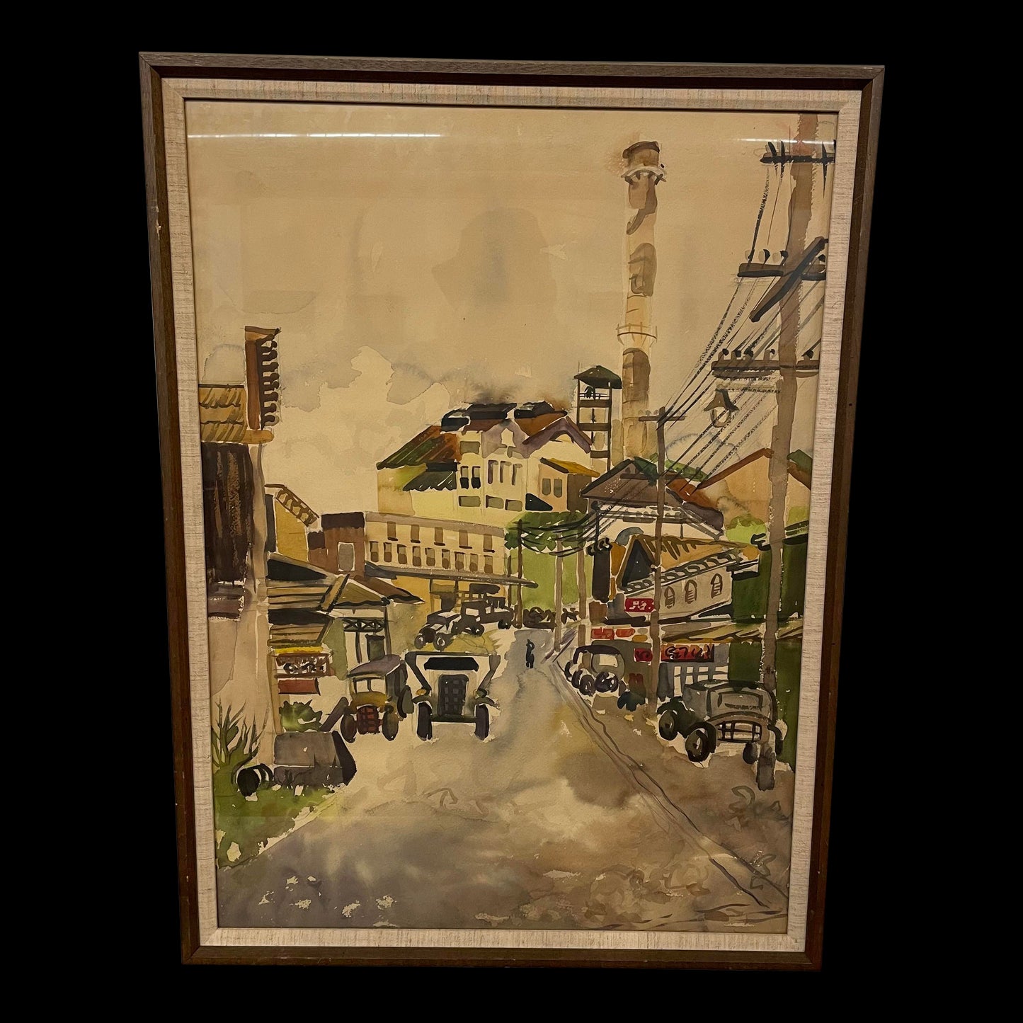 Mid 20th Century Modernist City Scene Watercolor Painting, Framed