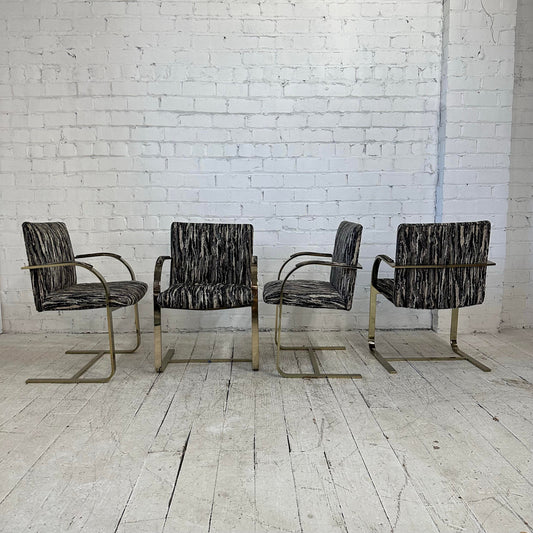 Glass and Brass Dining Set With Four Chairs Knoll Style Flat Bar Milo Baughman