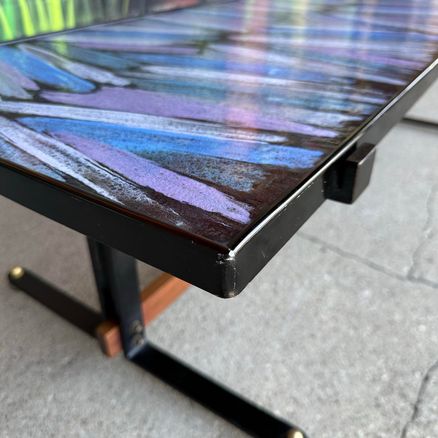 Mid Century Enamel Top Coffee Table Blue and Purple