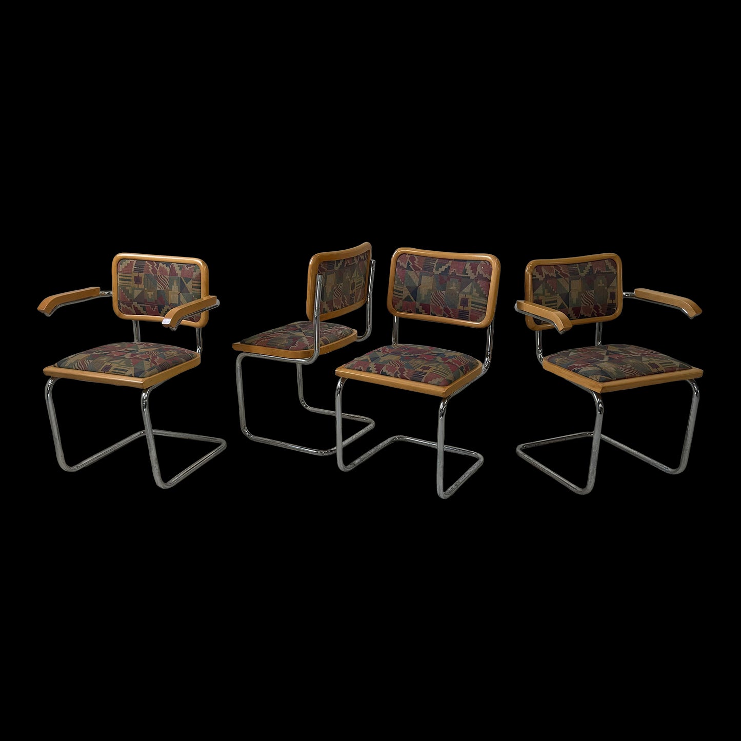 Set of 4 Italian Cantilever Chrome and Oak Dining Chairs Marcel Breuer Cesca
