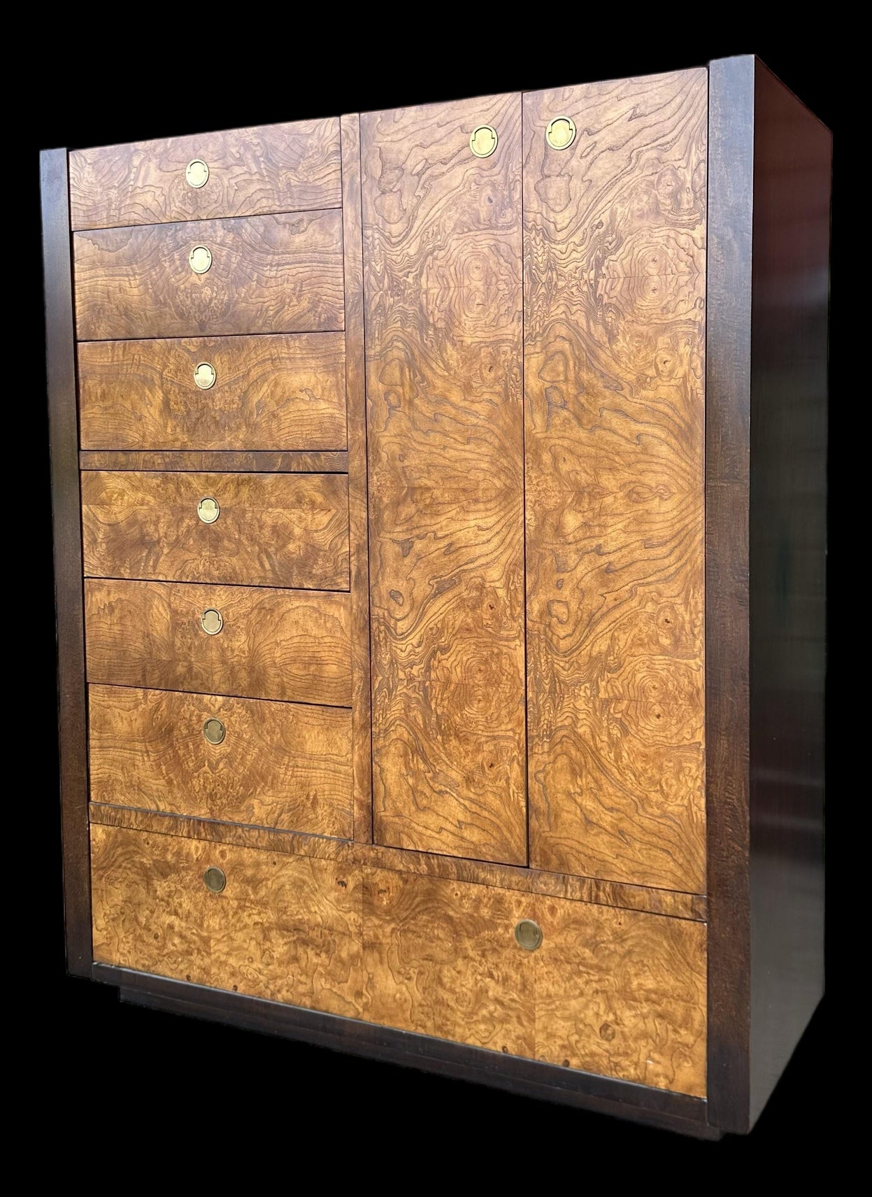 Century Furniture Burlwood and Brass Armoire Highboy Wardrobe Mid Century Modern