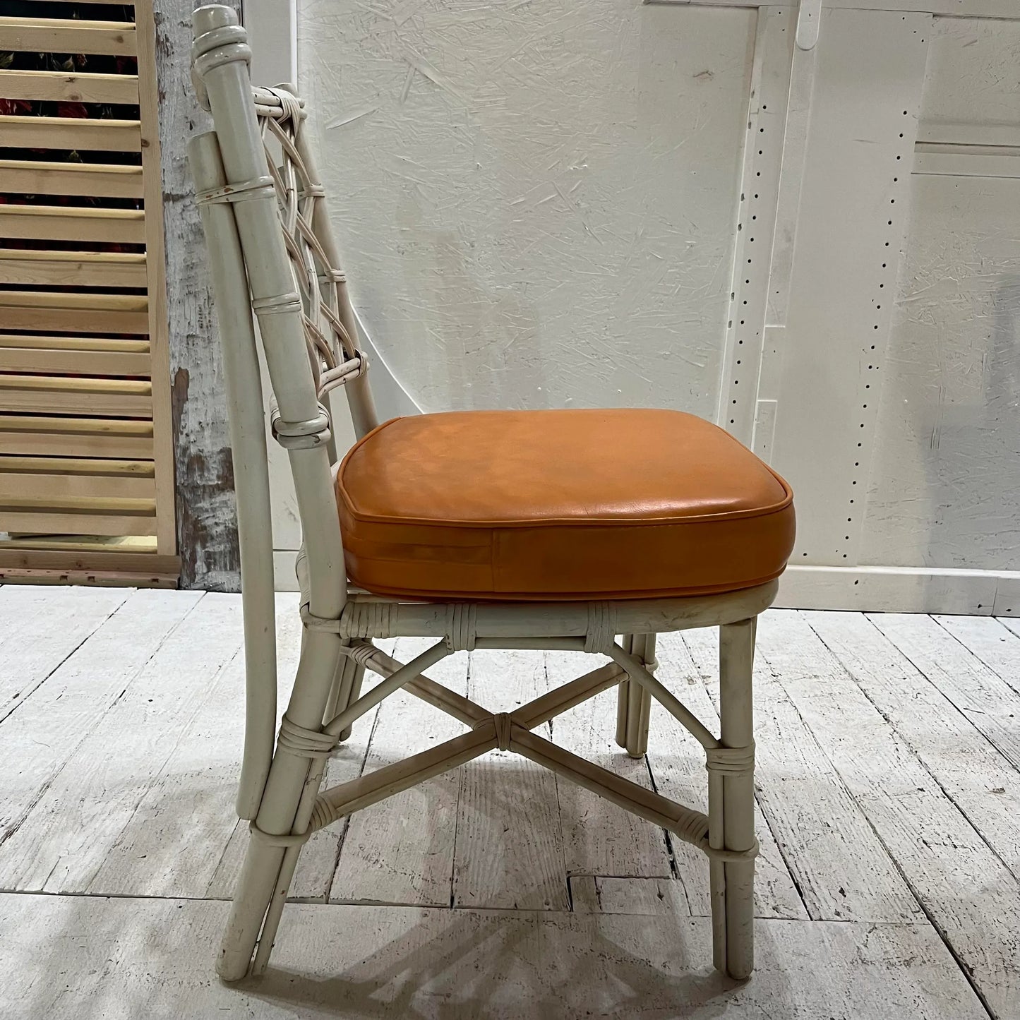 1980s White Rattan Bamboo Table and Chair Set with Flip Top to Expand From Game Size to Dining Table - Set of 5