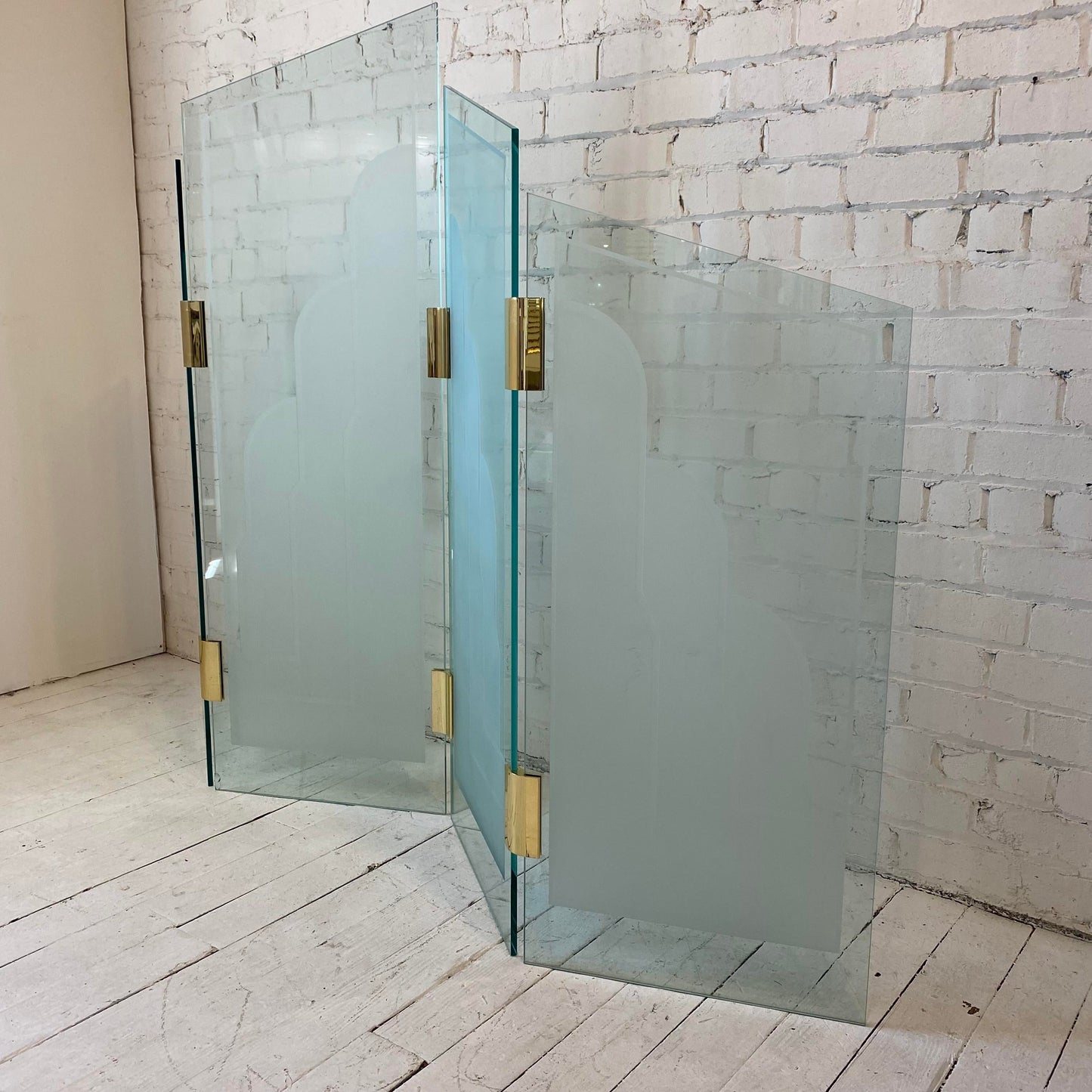 1970s Art Deco Style Glass Divider Sandblasted Glass With Brass Hardware