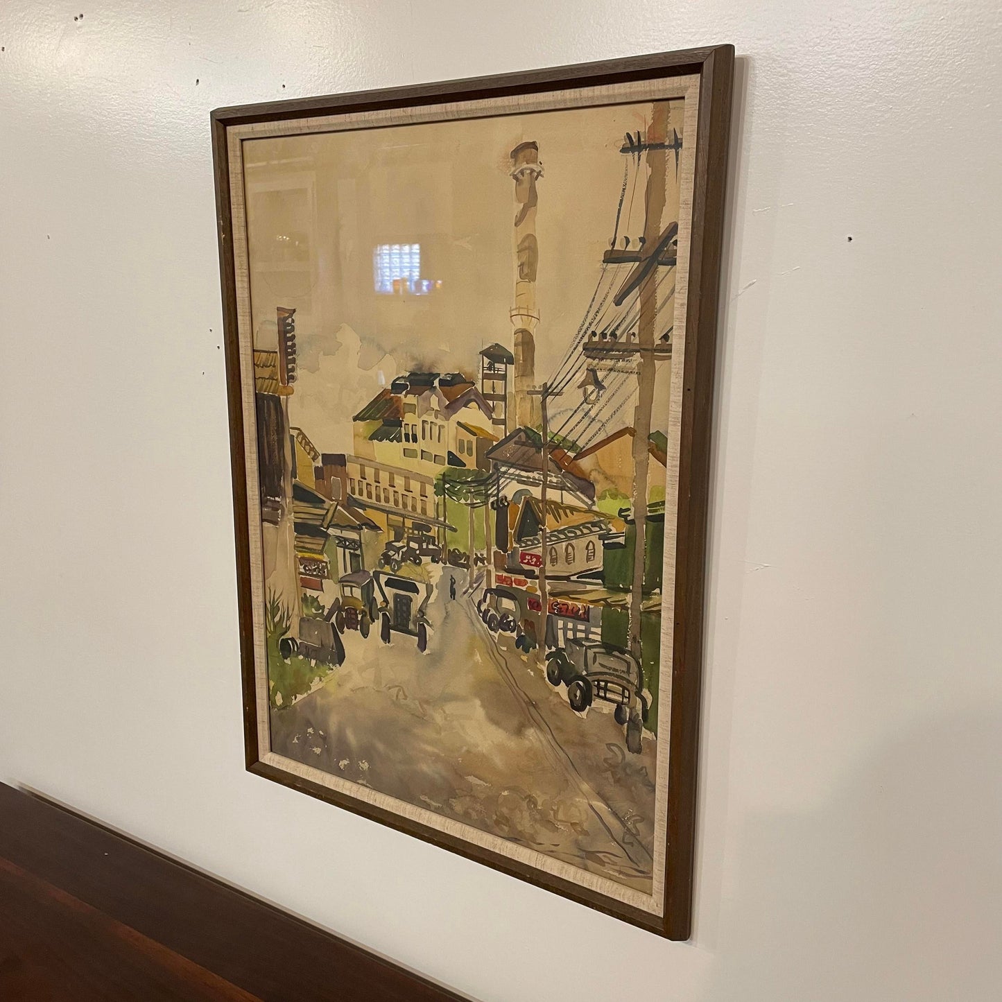 Mid 20th Century Modernist City Scene Watercolor Painting, Framed