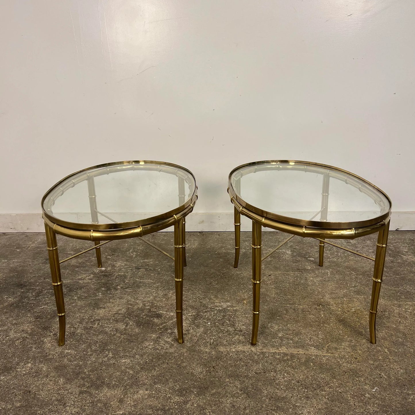 Pair of Faux Bamboo Brass Glass Oval Mastercraft End Tables