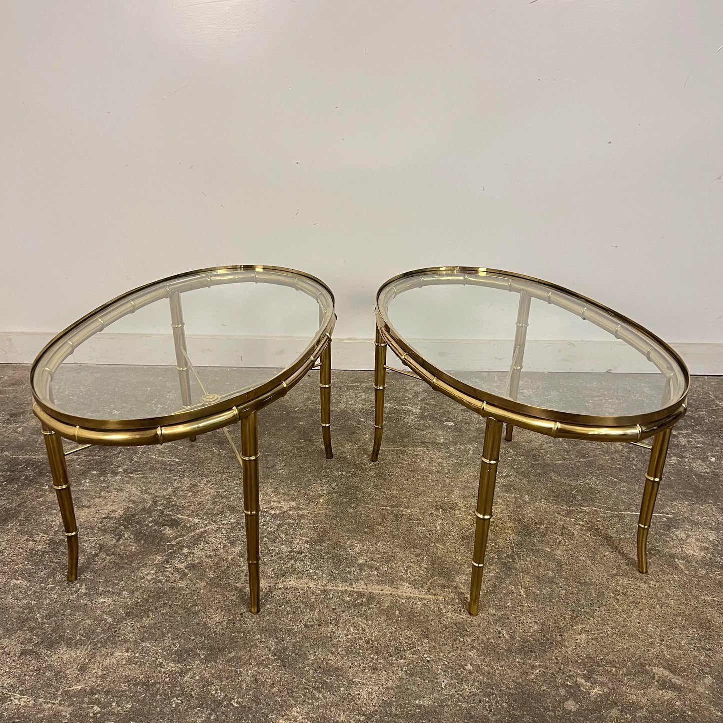 Pair of Faux Bamboo Brass Glass Oval Mastercraft End Tables
