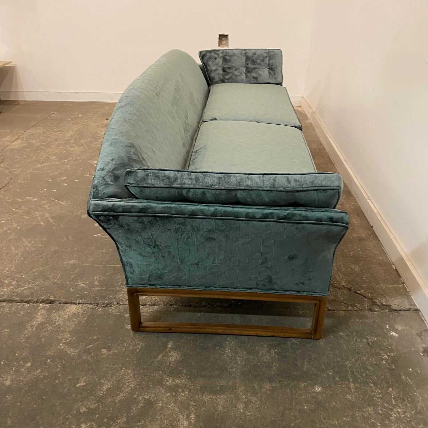 Reupholstered Mid Century Modern Sofa Done in a Geometric Cut Velvet.