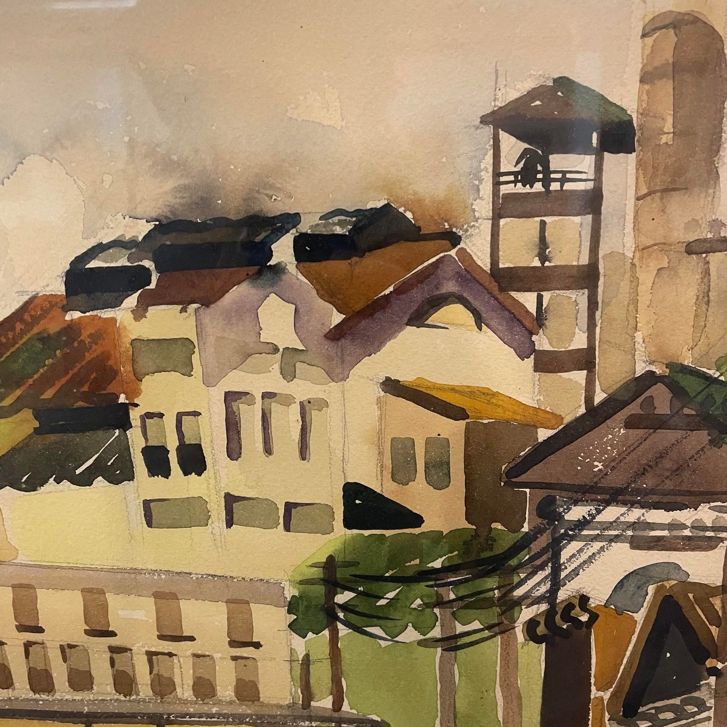 Mid 20th Century Modernist City Scene Watercolor Painting, Framed