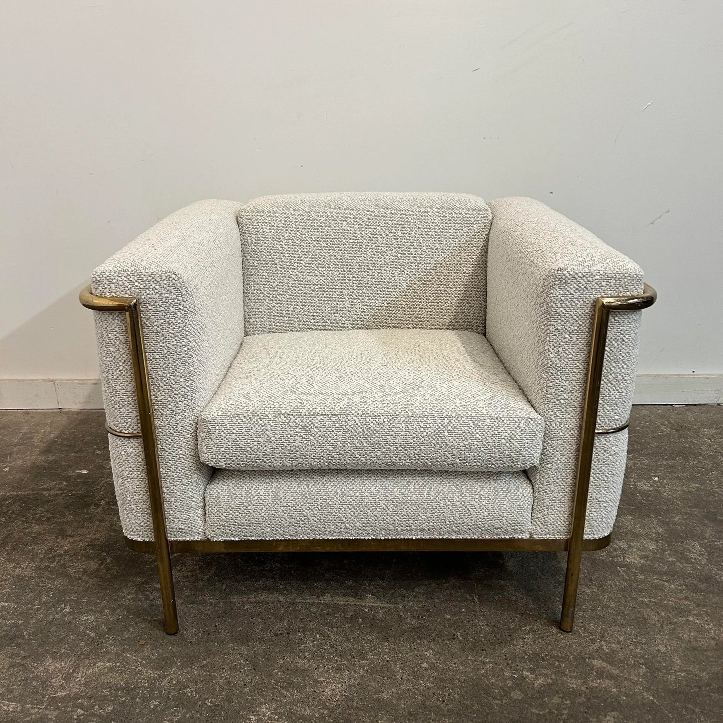 Lc2 Corbusier for Jack Cartwright Brass Arm Club Chair Recovered in Pindler Nubby Fabric