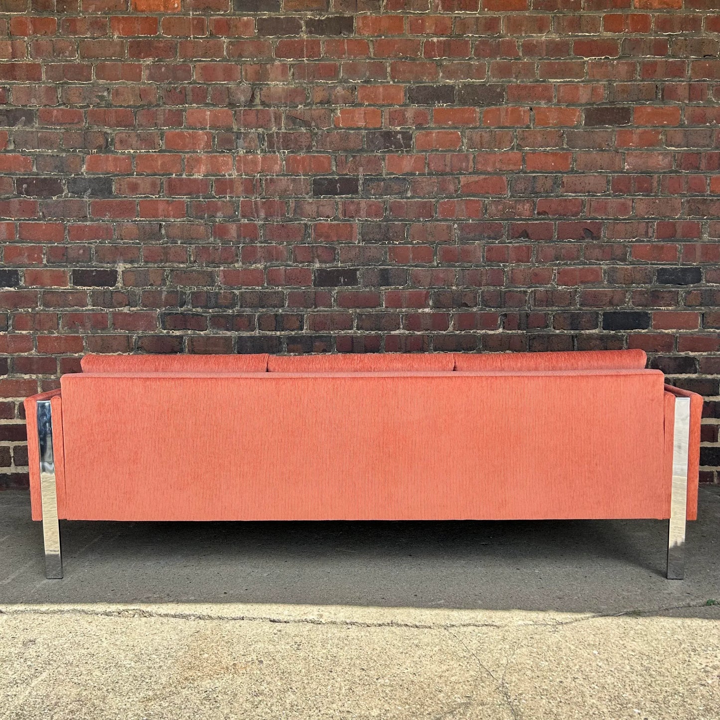 Reupholstered Milo Baughman Style Chrome Sofa in Crypton Salmon Corduroy