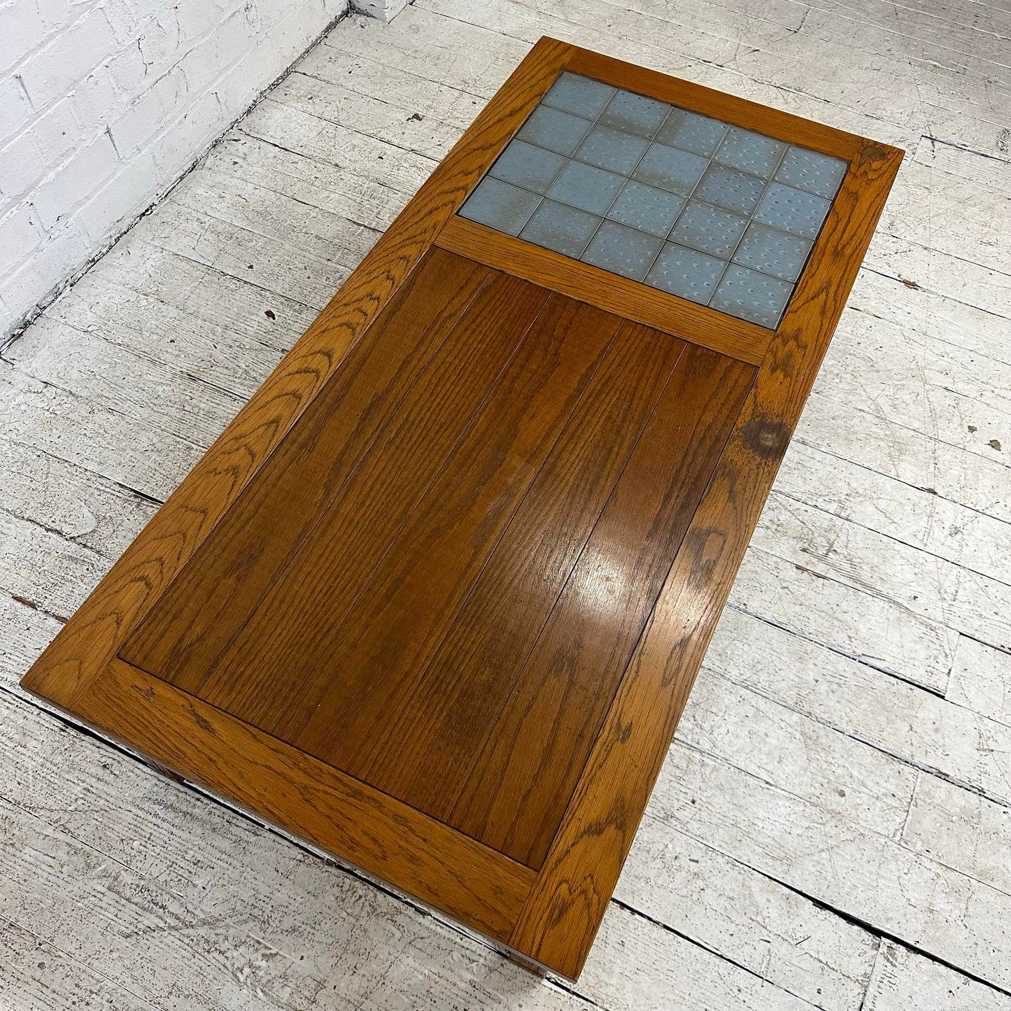 Ranch Oak Coffee Table Rectangle With Blue Tile Top