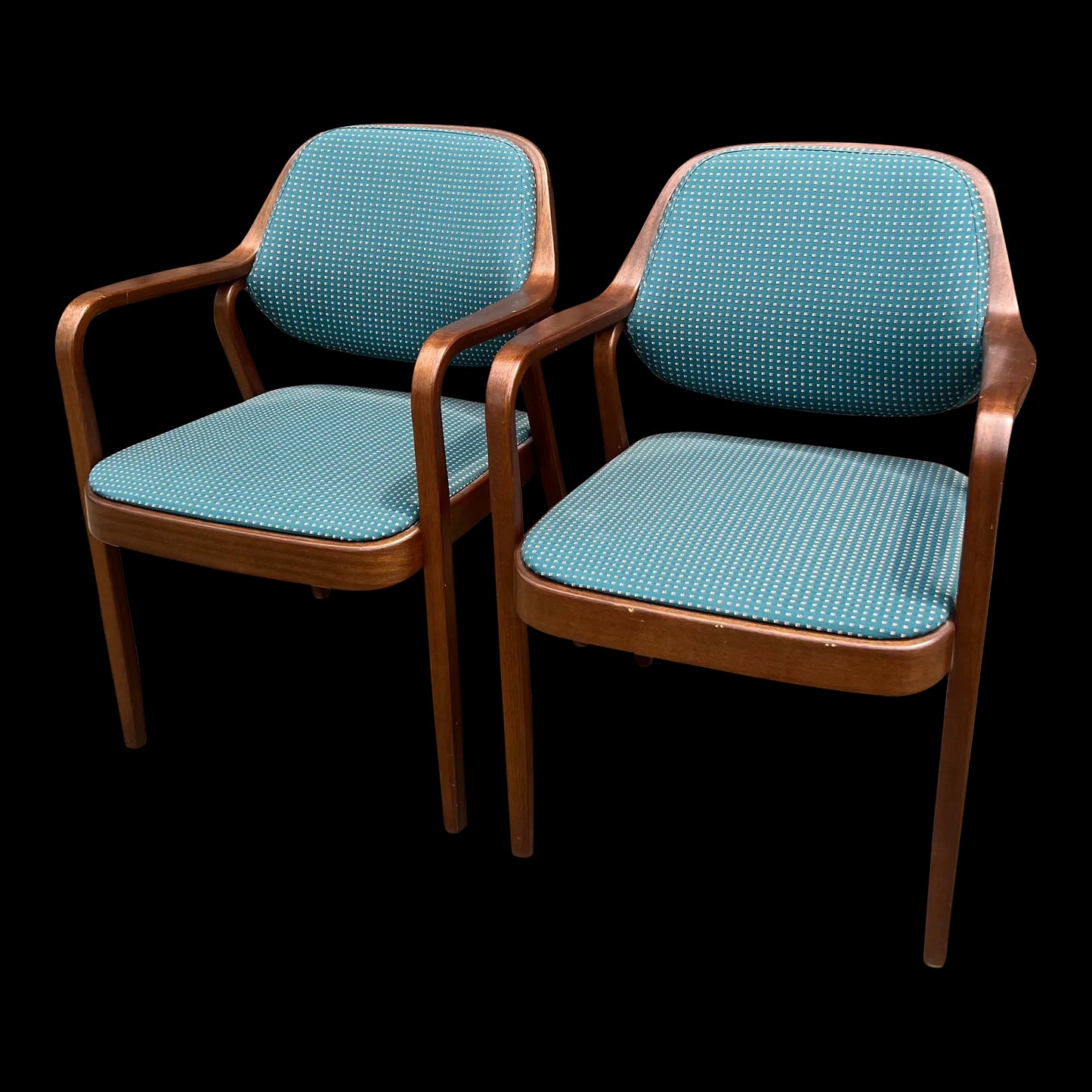 Pair of Bentwood Office Chairs by Don Pettit for Knoll Blue and White Fabric