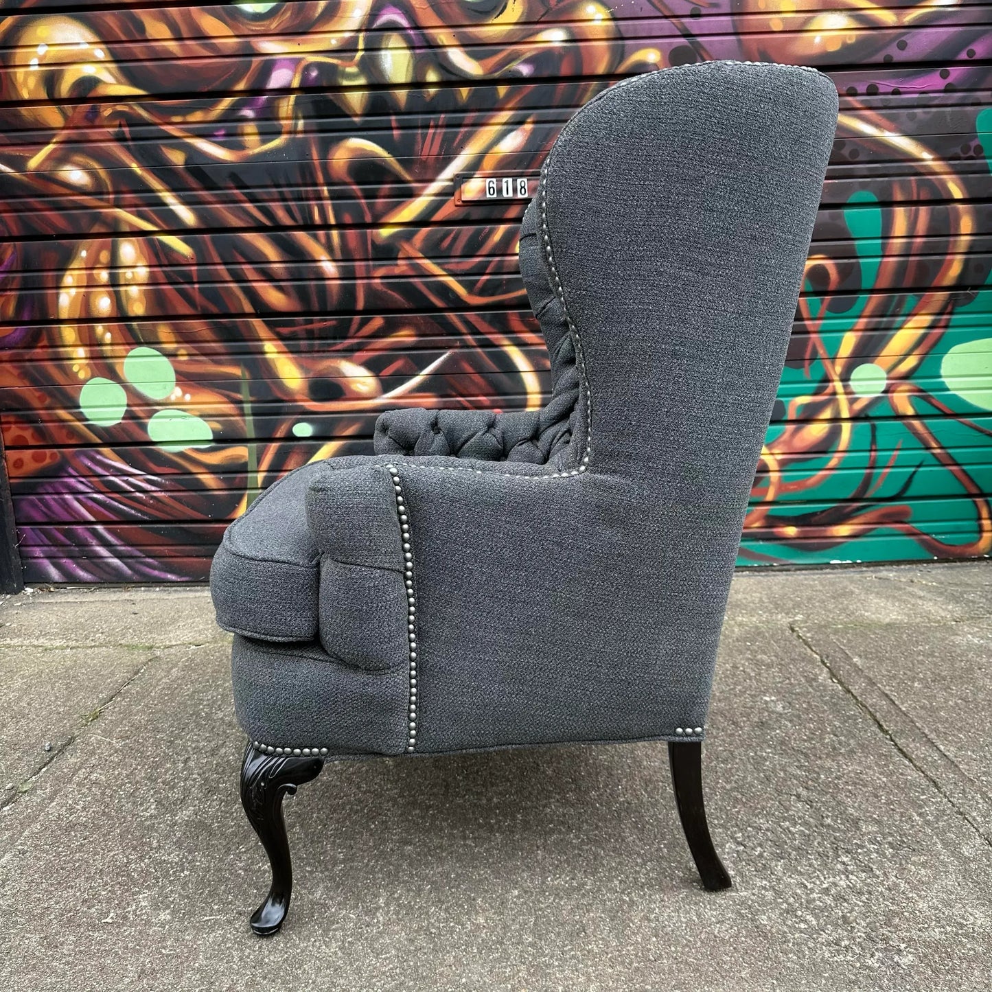 Antique Tufted Tall Winged Back Lounge Chair Reupholstered Nailhead Trim