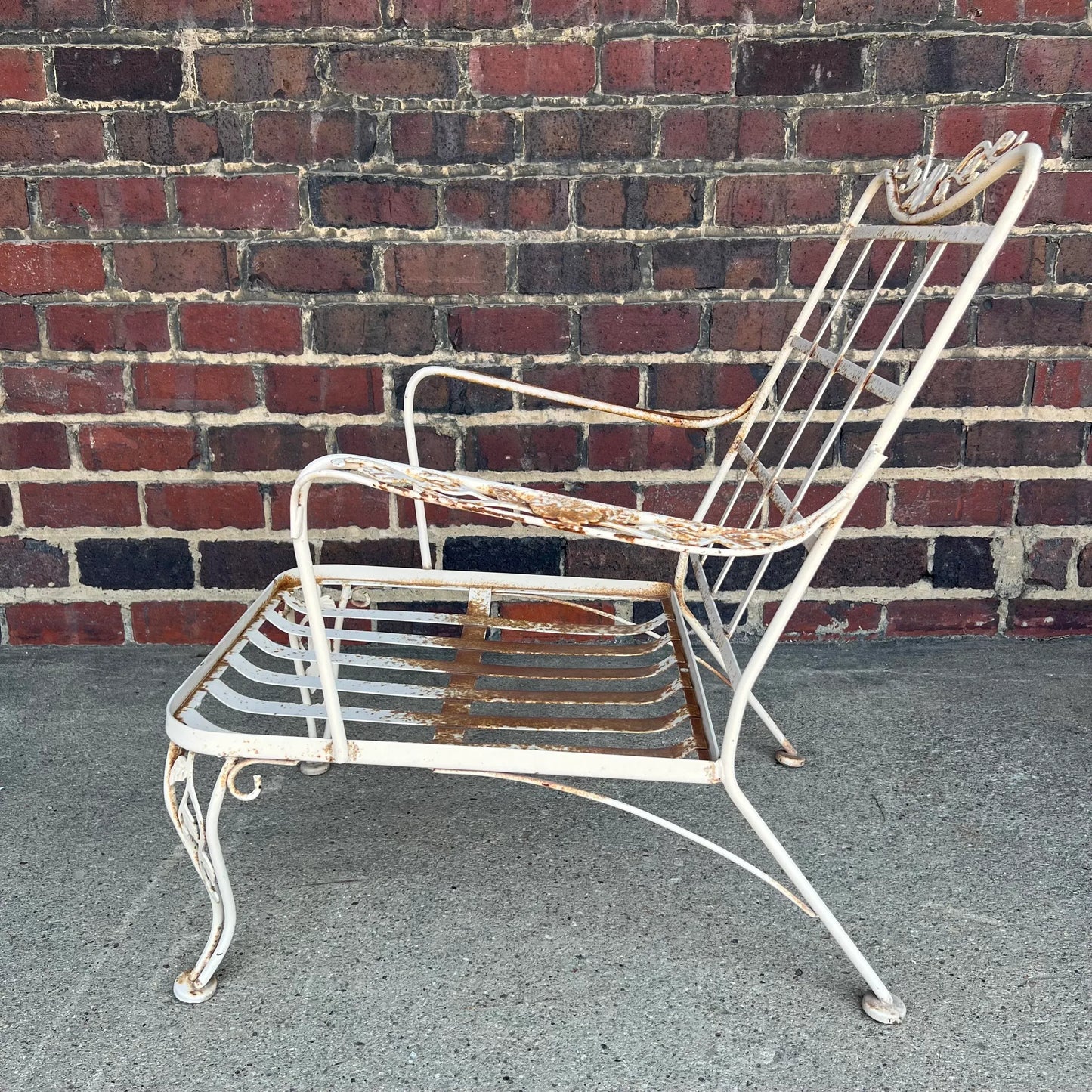1950s Woodard Lounge Chair and Ottoman Chantilly Rose Pattern Wrought Iron Chair & Ottoman, Attributed