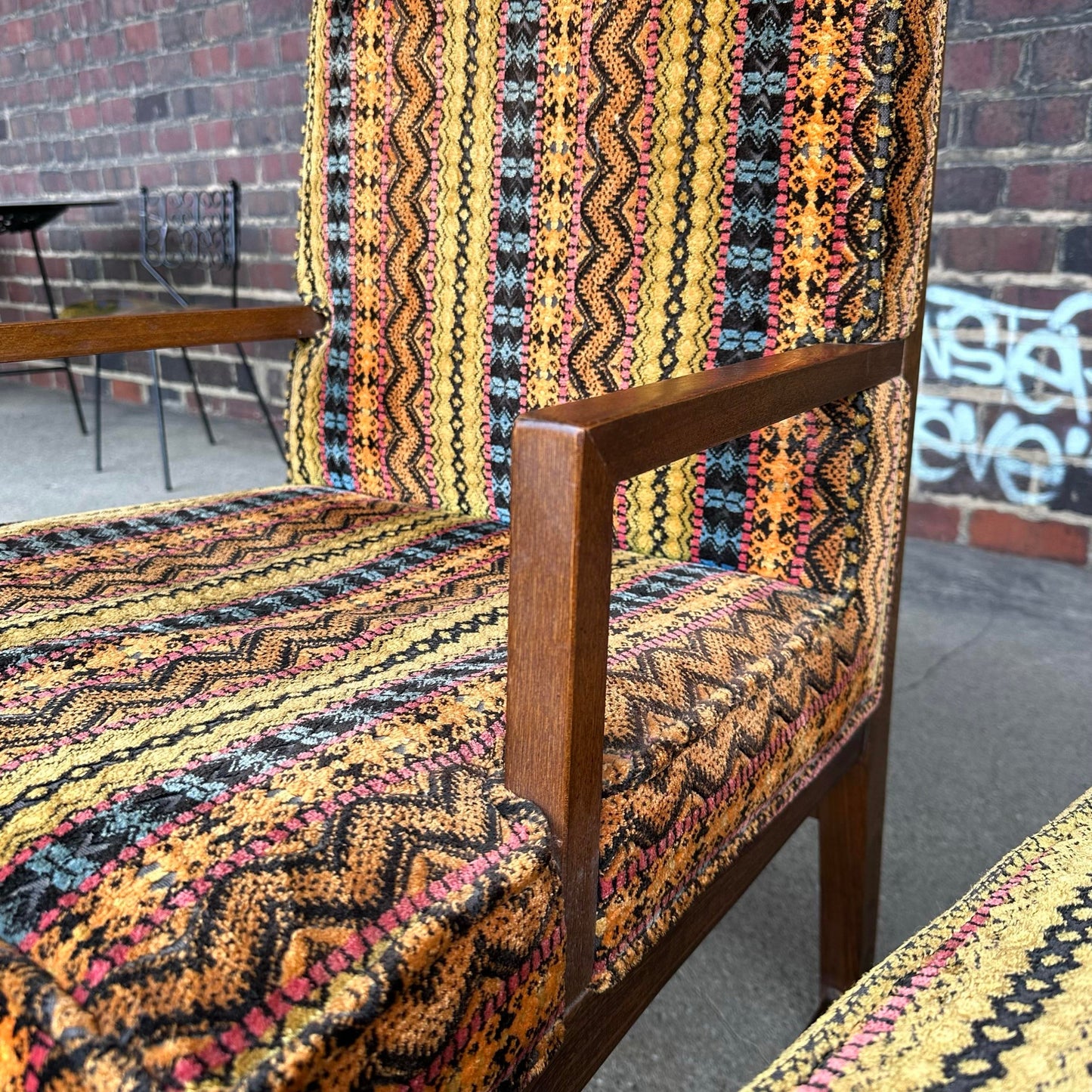Set of 6 Walnut Founders Dining Chairs in Possible Jack Lenor Larsen Fabric