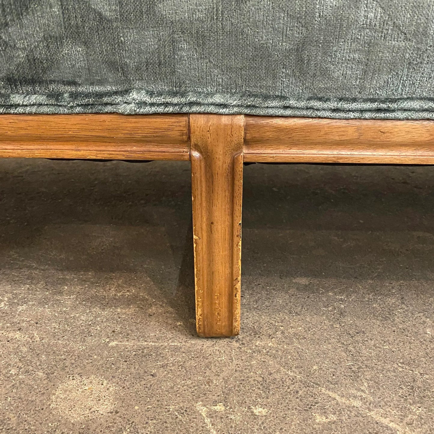 Reupholstered Mid Century Modern Sofa Done in a Geometric Cut Velvet.