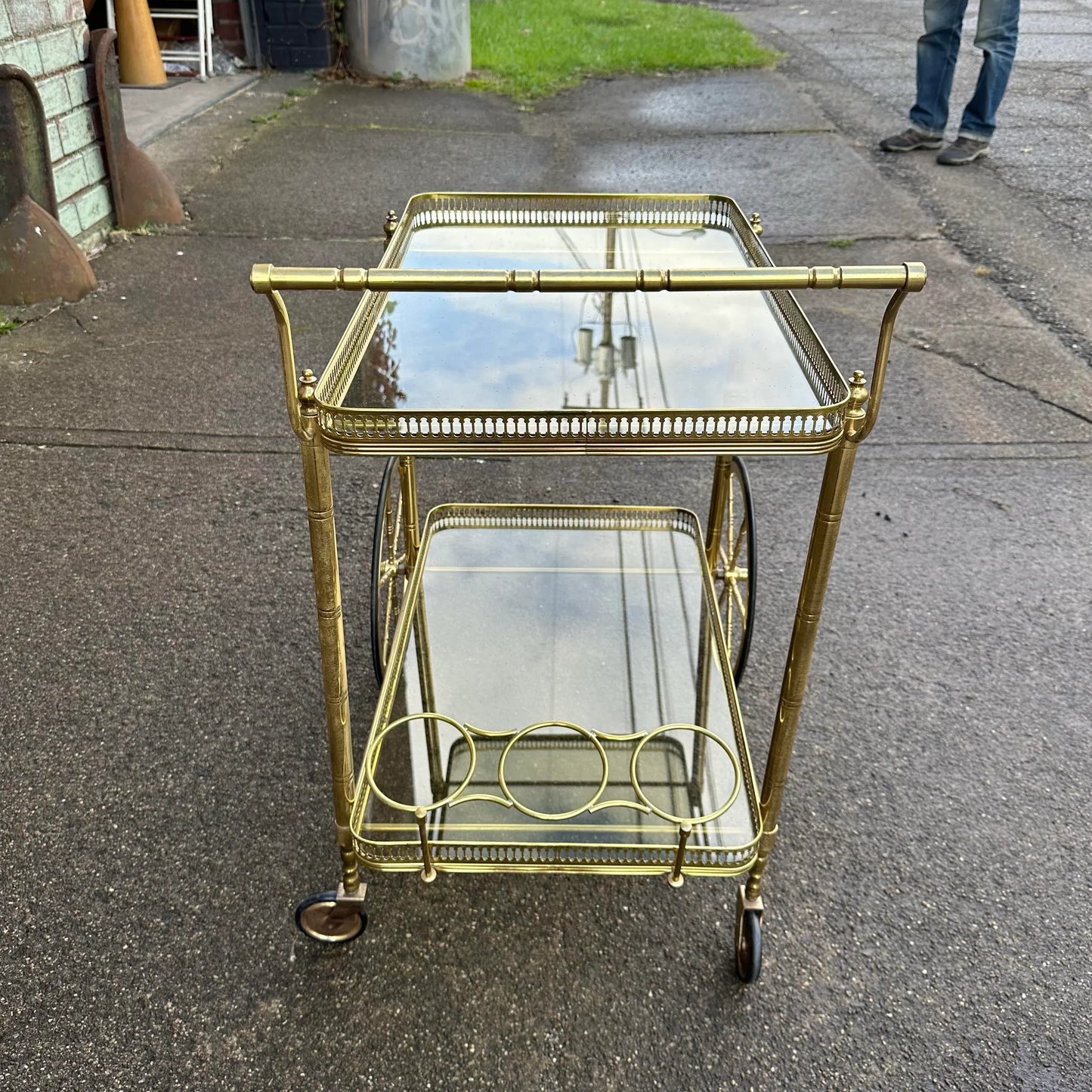 Maison Jansen Style Two Tiered Brass Bar Cart Hollywood Regency