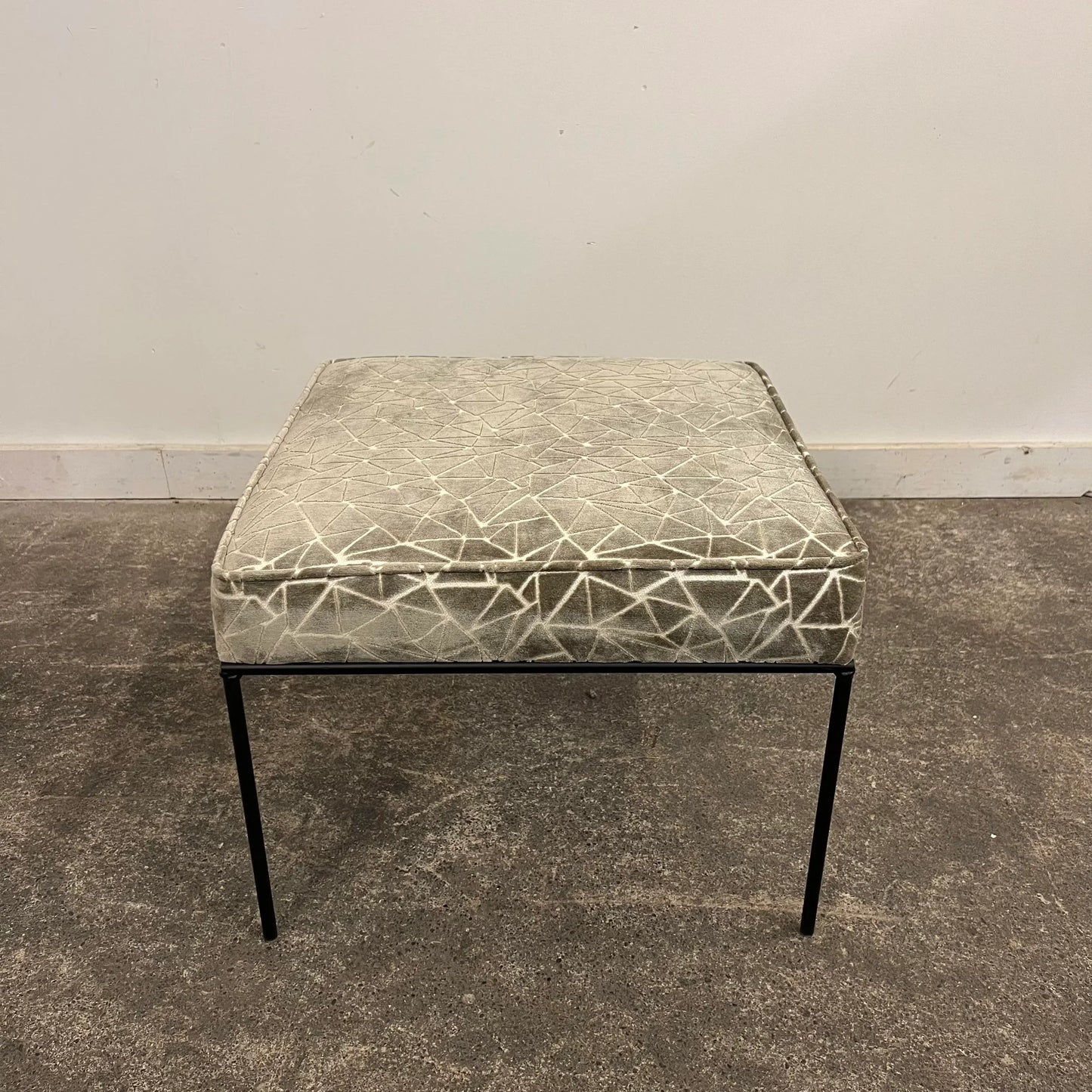 Paul McCobb Style Ottoman Stool Grey and White Cut Velvet